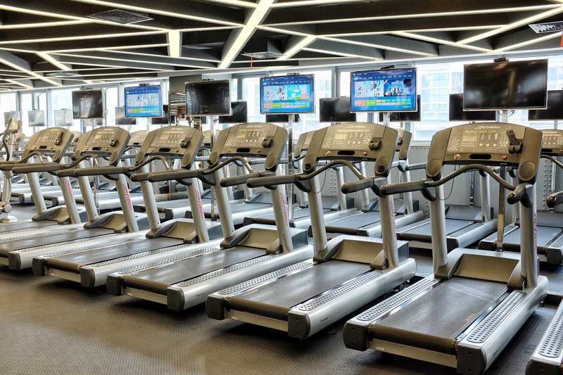 Two rows of treadmills in a gym