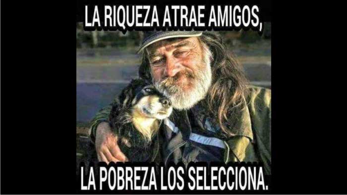 Adulto mayor abrazando a su perro y un aviso que dice: ‘La riqueza atrae amigos, la pobreza los selecciona’